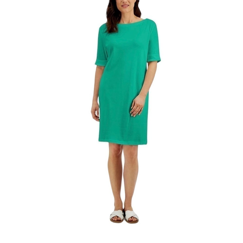 KAREN SCOTT SPORT Teal Green Cuffed Short Sleeve Cotton Dress Women's Size M